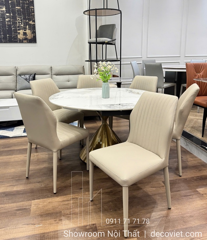 Bộ bàn ăn tròn xoay mặt đá 6 ghế phong cách hiện đại