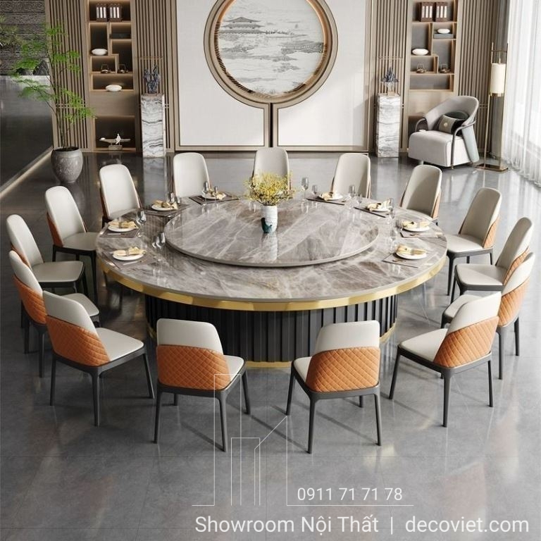 bàn ăn tròn xoay mặt đá 15 ghế