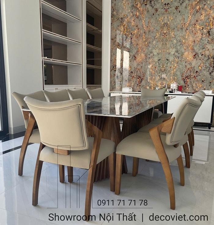 bộ bàn ăn 10 ghế mặt đá chân gỗ tự nhiên