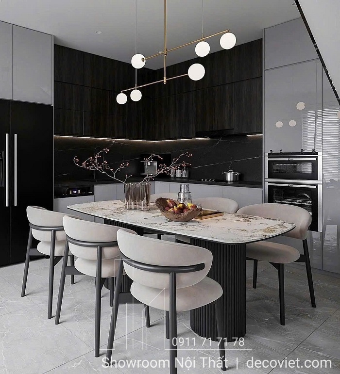 Bàn ăn mặt đá chân gỗ hiện đại dành cho 6 đến 8 người