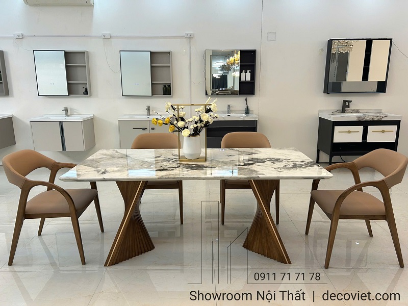 bộ bàn ăn mặt đá 6 ghế chân gỗ phù hợp với mọi không gian phòng bếp