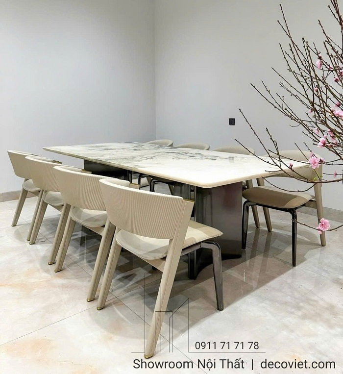 Bàn ăn 8 ghế sang trọng mặt đá vân tự nhiên dễ vệ sinh