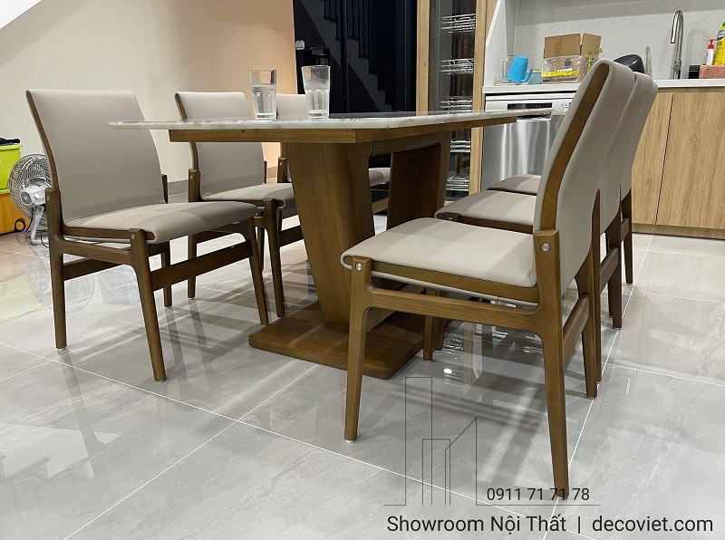 Bộ bàn ăn gỗ 6 ghế mặt đá vân tự nhiên cao cấp
