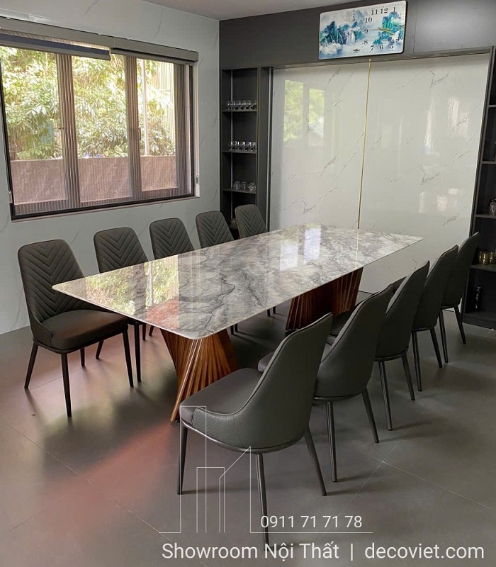 Bộ bàn ăn 10 người mặt đá đen vân trắng cao cấp