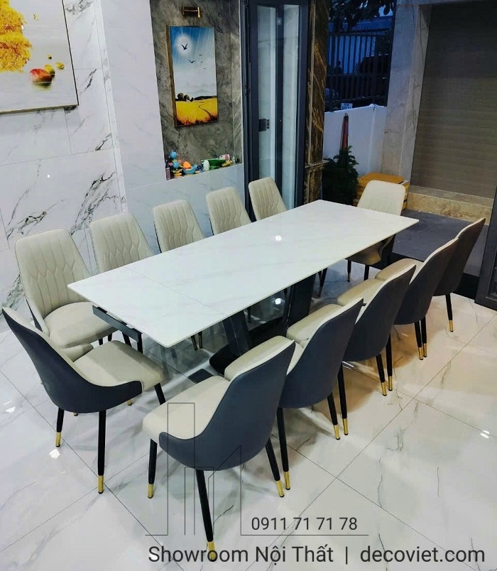 bàn ăn kéo dài 12 ghế hiện đại