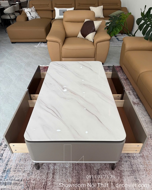 Bàn sofa mặt đá hiện đại phối tủ ngăn kéo tiện dụng cho phòng khách