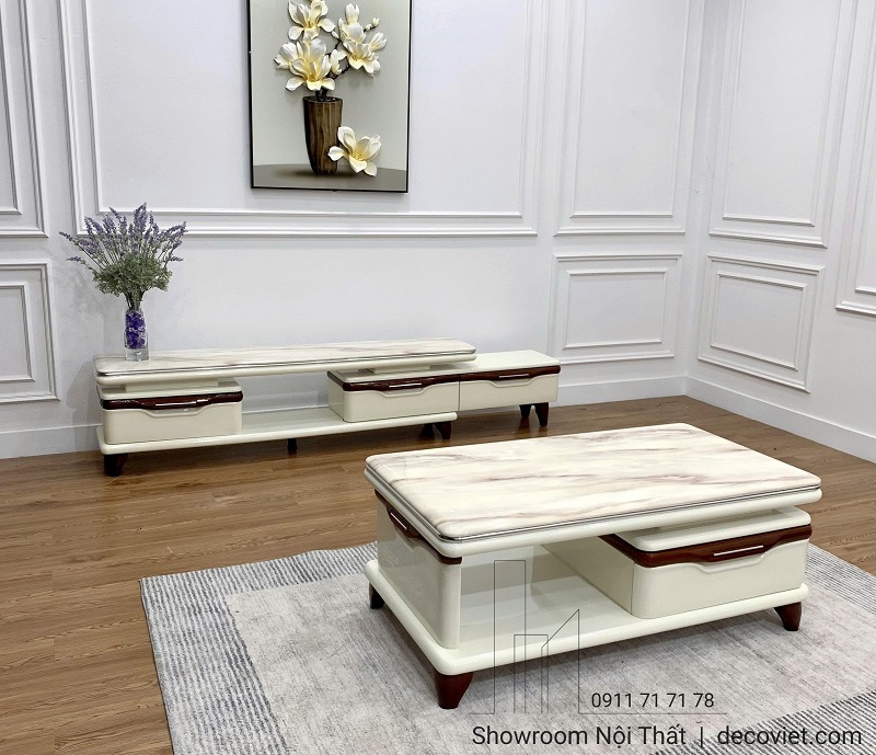 Bộ bàn trà kệ tivi mặt đá vân mây cao cấp tại DecoViet