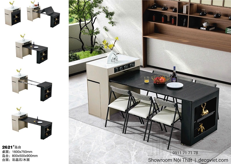 Bàn đảo bếp gấp gọn kết hợp bàn ăn kéo dài thông minh, thiết kế hiện đại tiết kiệm diện tích