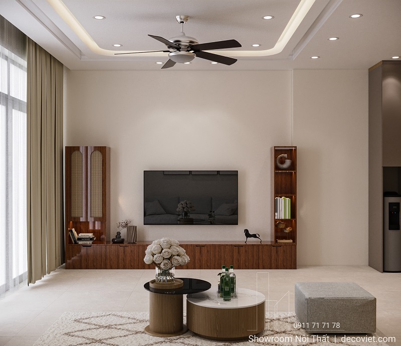 Phòng khách nhà phố 1 phòng ngủ với gam màu trung tính, mang lại cảm giác ấm cúng