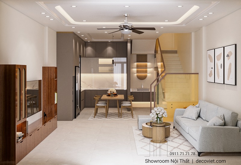 Không gian phòng khách nhà phố thiết kế hiện đại, bố trí gọn gàng và thoáng sáng.