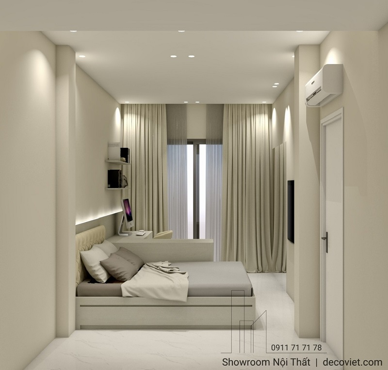 Phòng ngủ bố trí thêm bàn làm việc nhỏ gọn, thuận tiện cho sinh hoạt