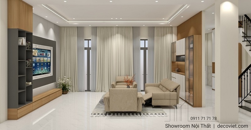 Phòng khách bố trí sofa gọn gàng, gam màu trung tính sang trọng