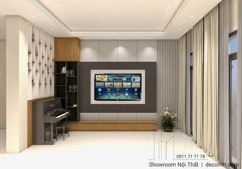 Khu giải trí kết hợp kệ trang trí và đàn piano tinh tế