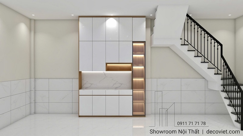 Hệ tủ trang trí kết hợp cầu thang gọn gàng, tối ưu diện tích