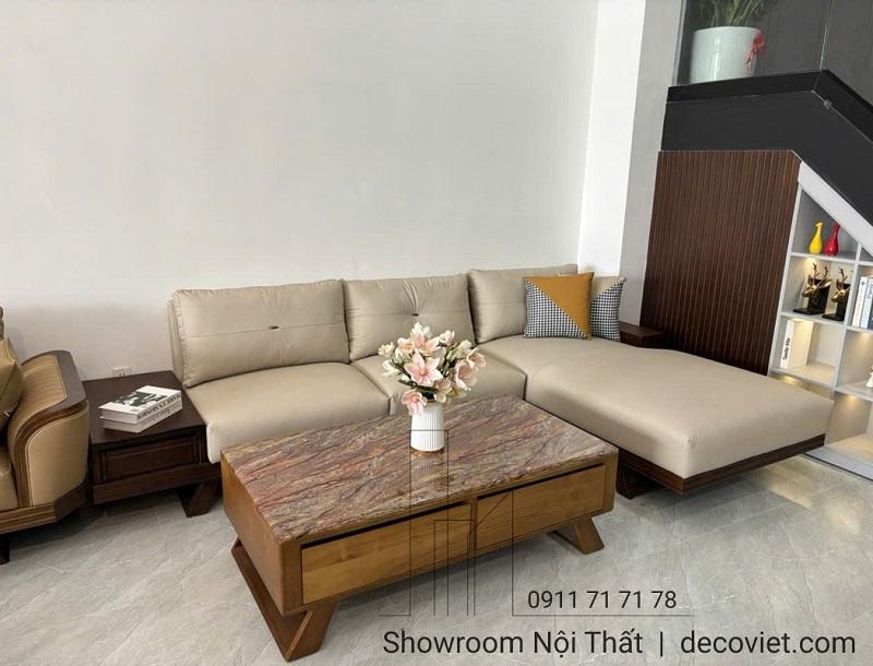 ghế sofa gỗ bọc da sang trọng