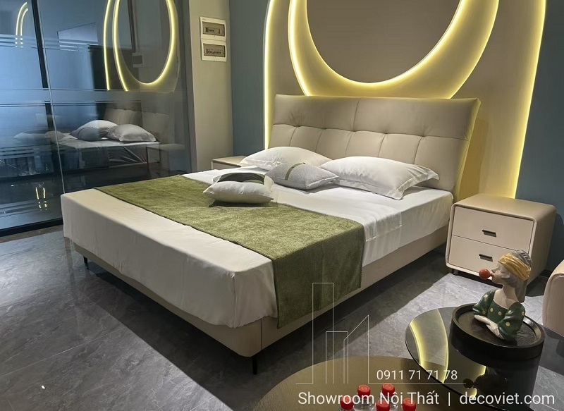 Giường ngủ đẹp bọc da mềm mại khung gỗ chắc chắn, màu kem trang nhã