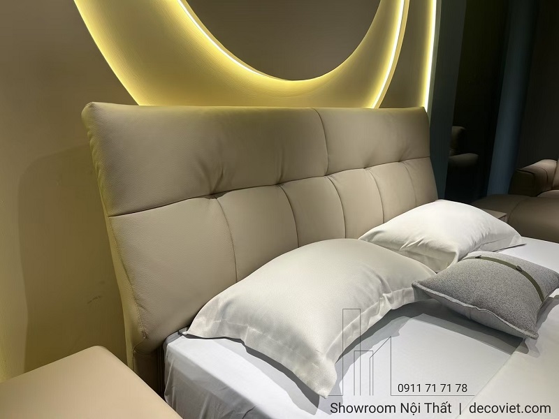 Cận cảnh đầu giường bọc da êm ái với đường may tỉ mỉ tinh tế