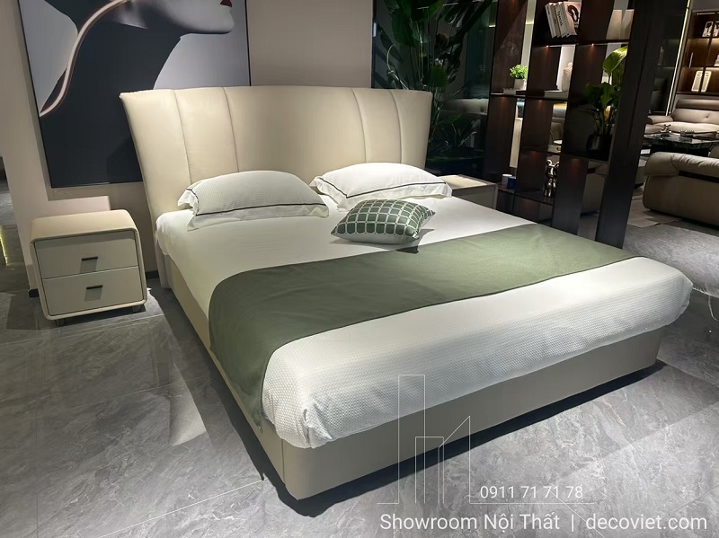 Giường ngủ đẹp bọc da mềm mại, khung gỗ chắc chắn, dễ vệ sinh