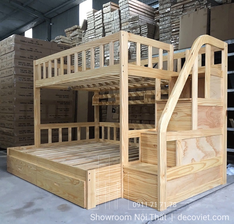 Giường Tầng 1m8x2m Giá Rẻ 439T có lan can chắn an toàn, cầu thang dễ leo, phù hợp cho bé.