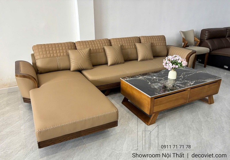 Bộ sofa gỗ hiện đại màu kem phối bàn trà mặt đá