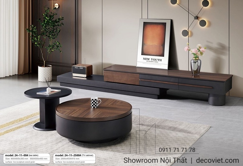 Bàn trà tròn mặt gỗ phối đen phong cách hiện đại phòng khách