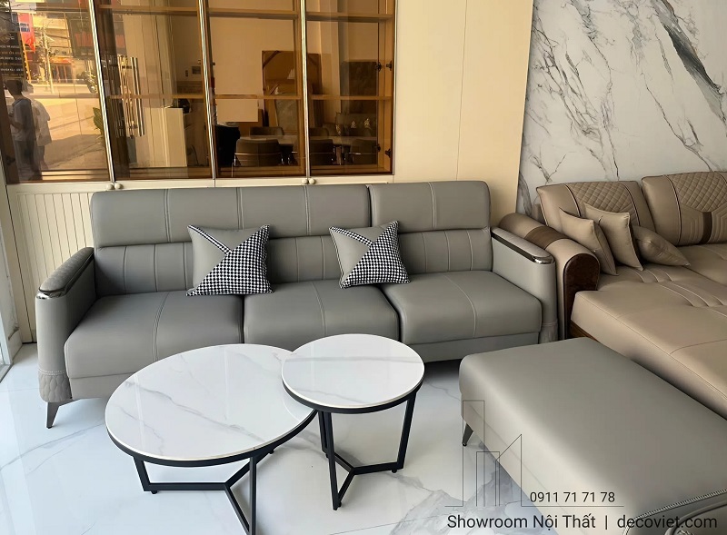 sofa băng da cao cấp 3 chỗ ngồi màu xám phòng khách đẹp