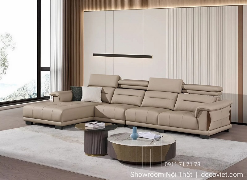 Sofa da cao cấp 1069T màu kem thanh lịch cho phòng khách hiện đại