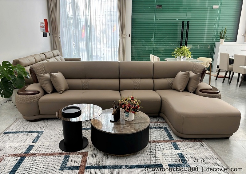 Sofa gỗ bọc da 1152T cao cấp kiểu chữ L hiện đại