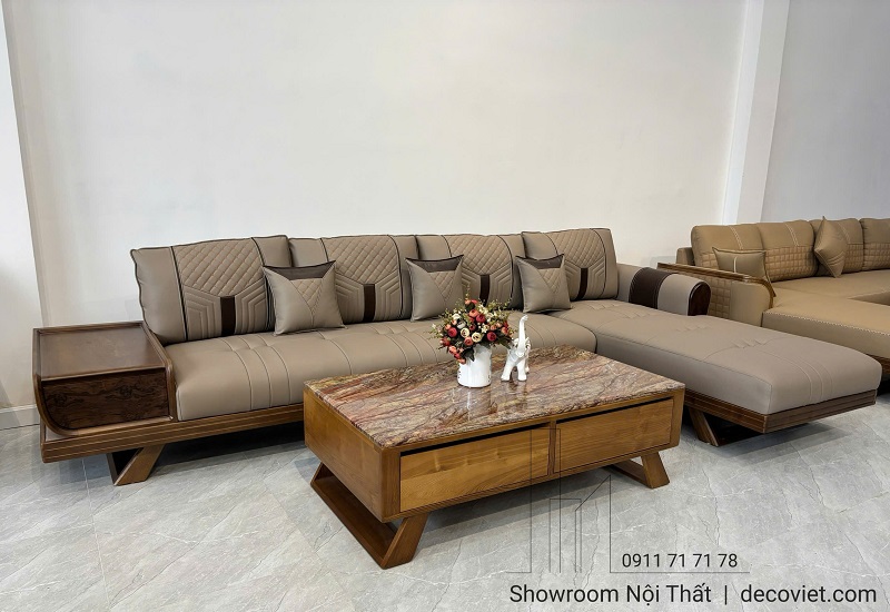 sofa góc chữ l gỗ ash tự nhiên phối da microfiber mềm mại