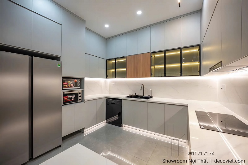 tủ bếp mdf phủ melamine nhà phố hiện đại