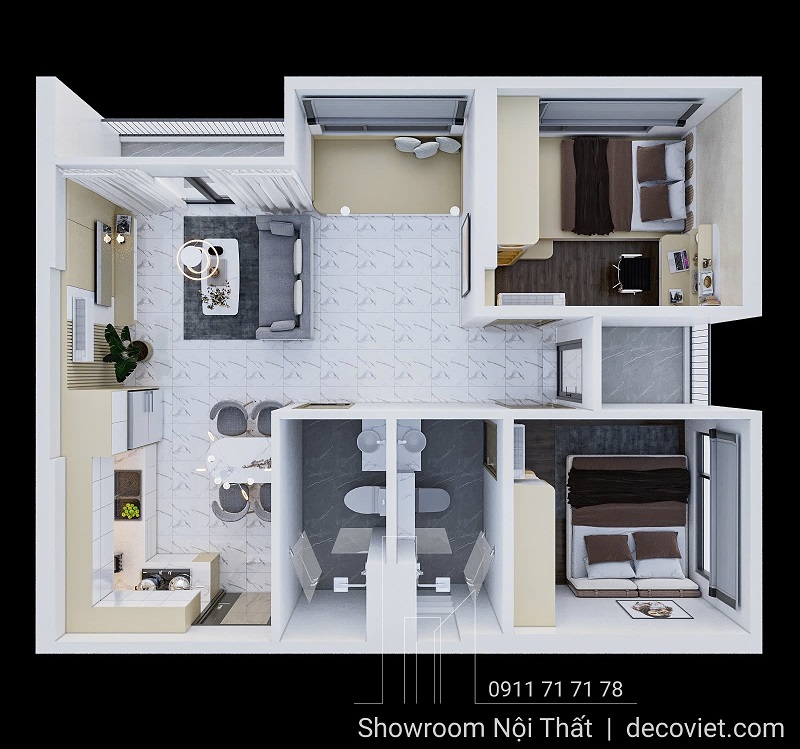 Toàn cảnh phòng ngủ phụ với thiết kế tối giản, kết hợp ánh sáng tự nhiên hiệu quả