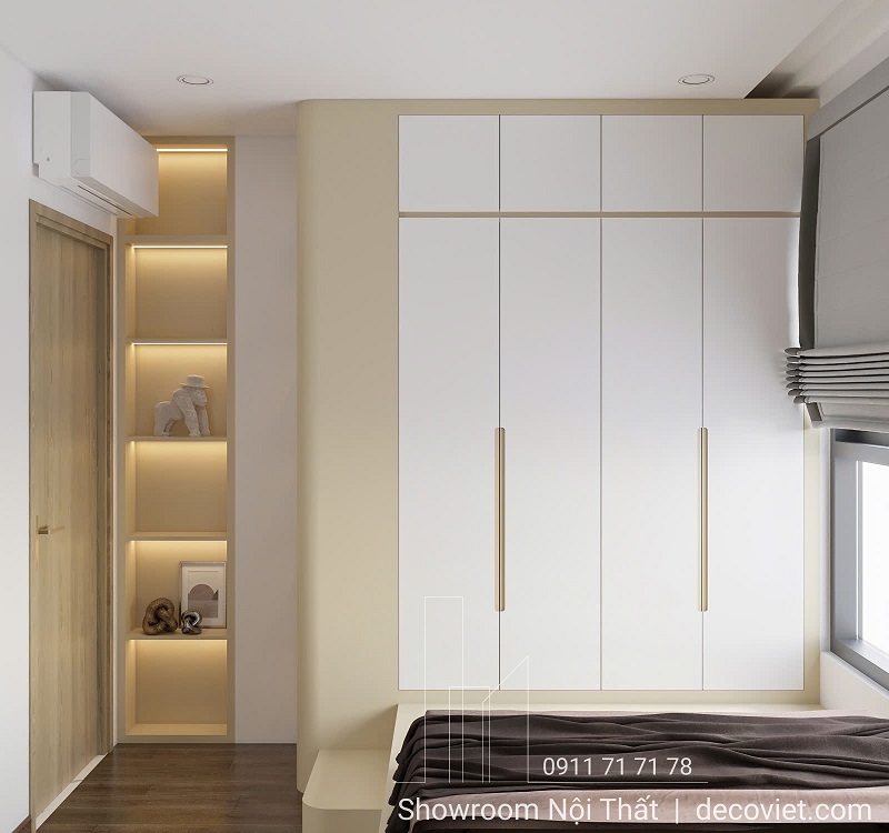 Tủ quần áo phòng ngủ phụ kết hợp kệ trang trí âm tường có đèn hắt sang trọng