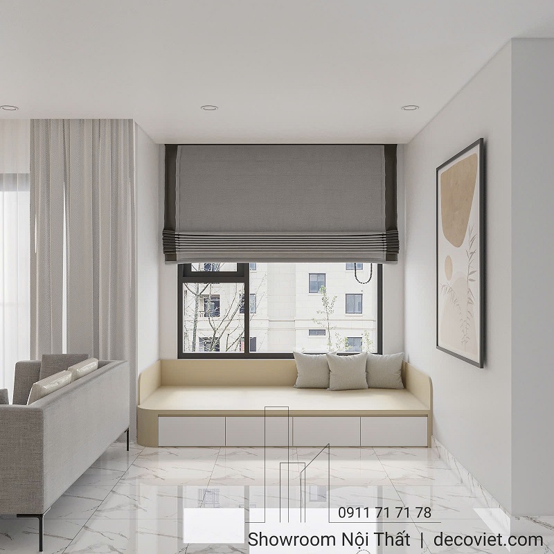 Góc thư giãn cạnh cửa sổ trong phòng khách với băng ghế tích hợp ngăn kéo thông minh