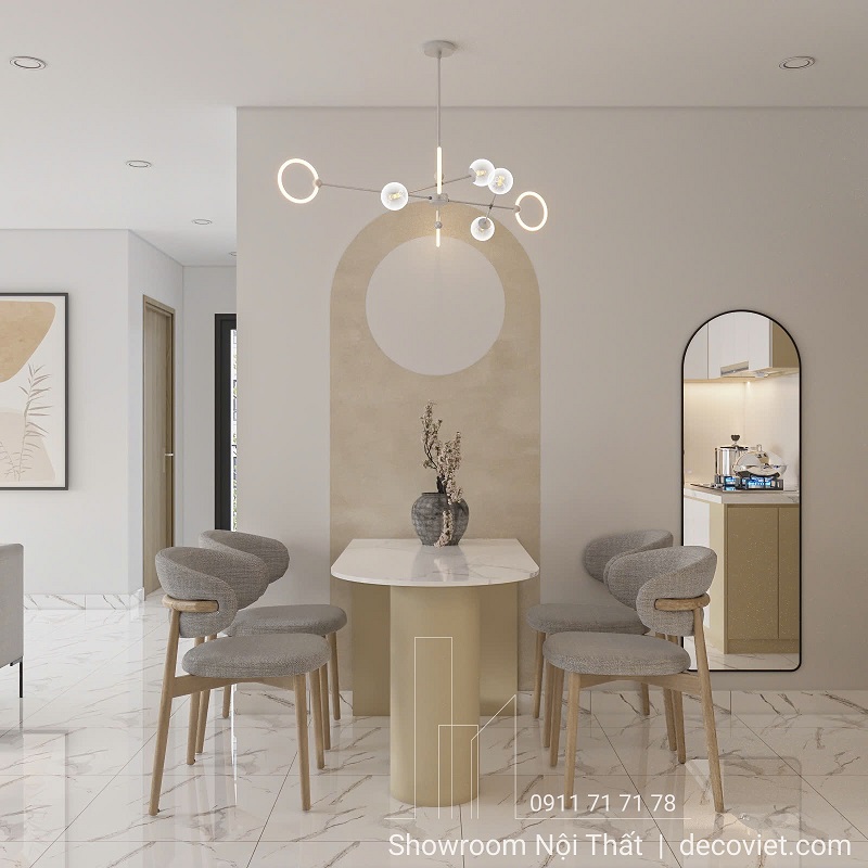 Bàn ăn mặt đá trắng kết hợp ghế bọc nệm xám trong không gian căn hộ 2 phòng ngủ