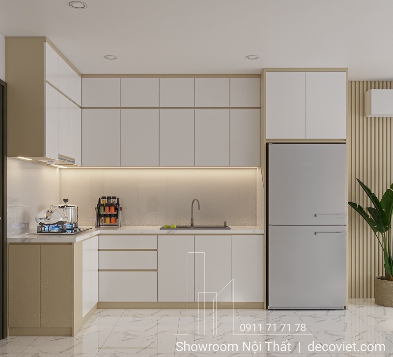 Tủ bếp chữ L cao kịch trần phong cách tối giản, tone trắng – be thanh lịch