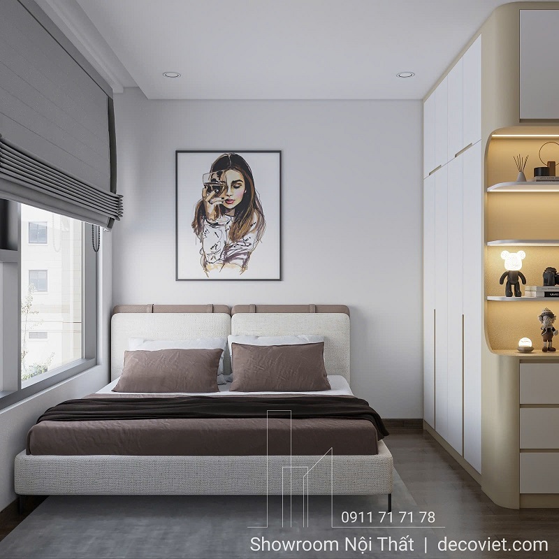 Thiết kế phòng ngủ master hiện đại với giường bọc nệm và tủ âm tường cao cấp