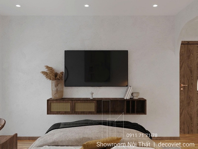 Hệ tủ kệ tivi treo gọn, kết hợp với kệ sách vòm trang trí