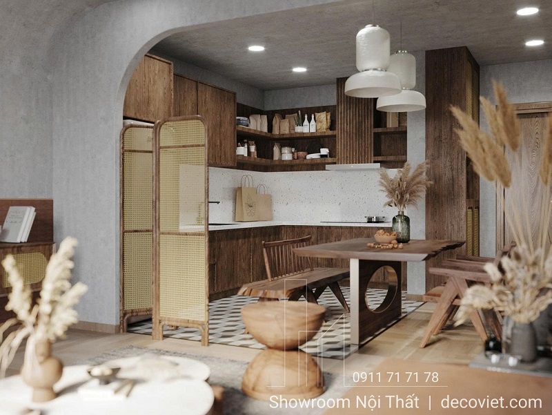 Căn bếp mang tông màu nâu gỗ trầm ấm chủ đạo, tạo nên cảm giác chắc chắn và sang trọng.