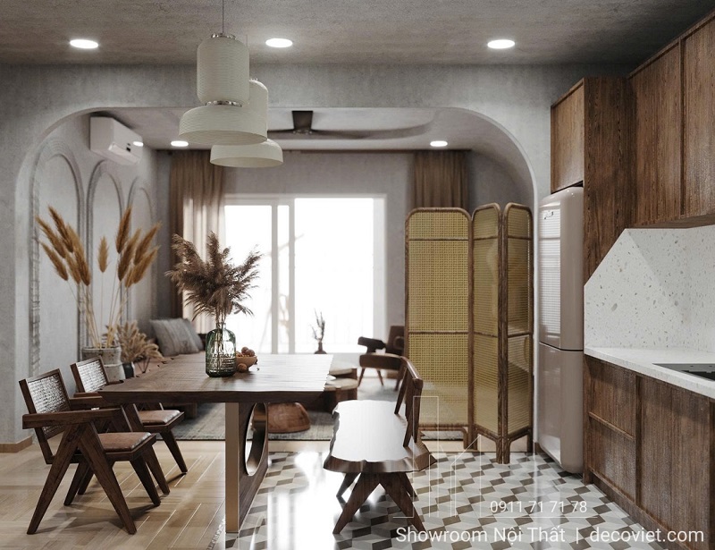 bàn ăn gỗ nguyên khối phong cách Japandi căn hộ SORA Garden