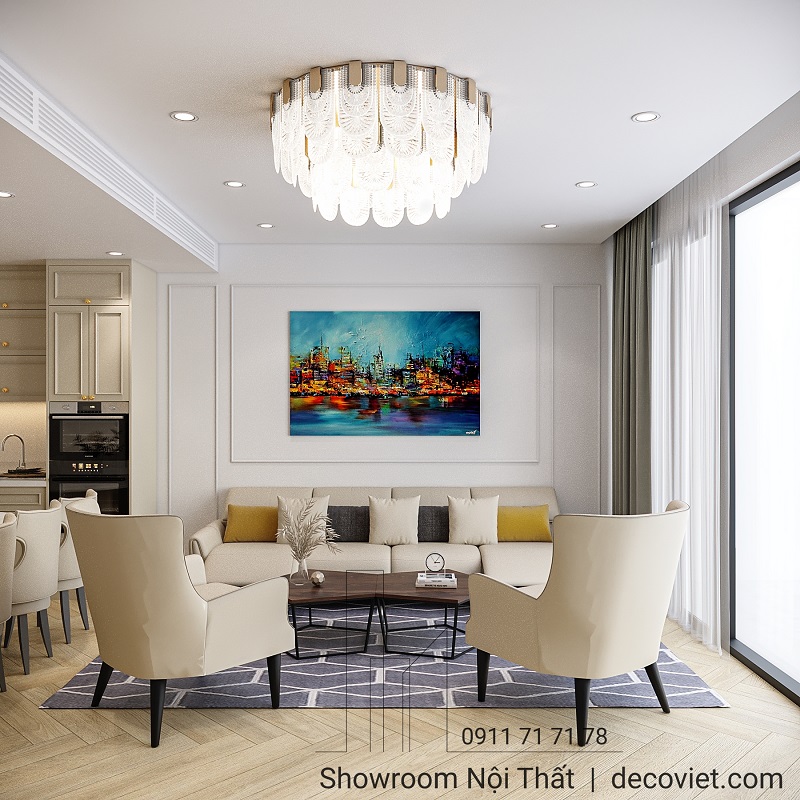 Nội thất phòng khách Sunwah Pearl sang trọng với sofa da, ghế bành và bàn trà lục giác