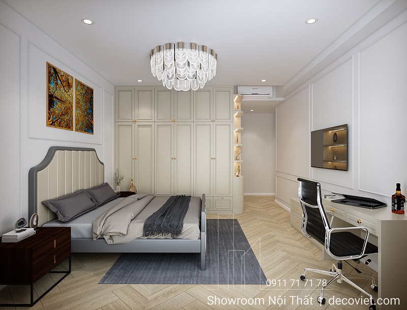 Bố trí nội thất phòng ngủ master với giường ngủ, tủ áo, bàn làm việc đầy đủ công năng