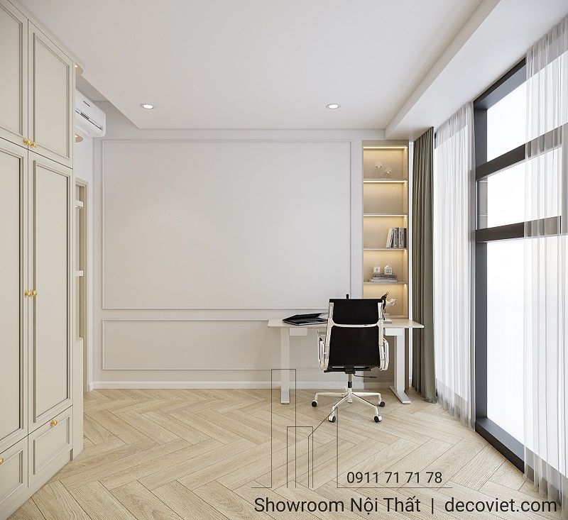 Bố trí bàn làm việc nhỏ gọn cạnh cửa sổ trong phòng ngủ phụ chung cư