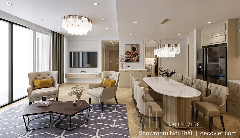 Không gian phòng khách tân cổ điển với gam màu be trang nhã tại TPHCM