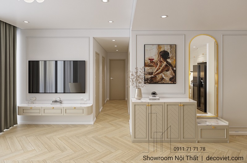 Kệ tivi mặt đá kết hợp tủ giày gọn gàng trong thiết kế nội thất phòng khách hiện đại