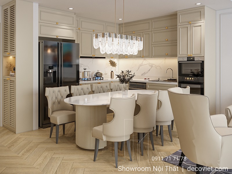 Thiết kế nội thất phòng bếp liên thông bàn ăn trong căn hộ Sunwah Pearl