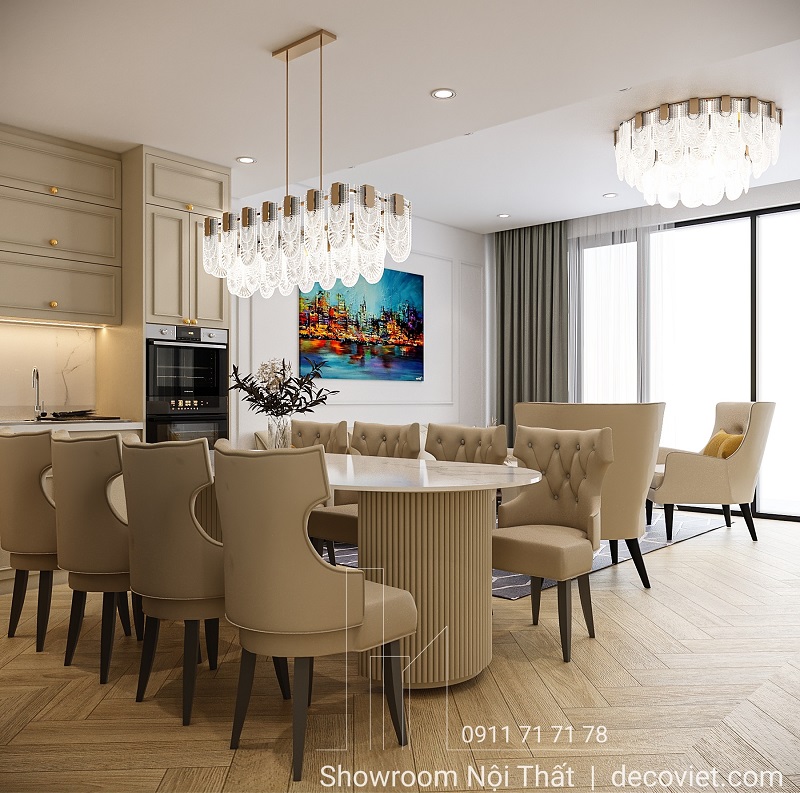 Bố trí bàn ăn 8 ghế tân cổ điển trong không gian bếp tân cổ điển sang trọng