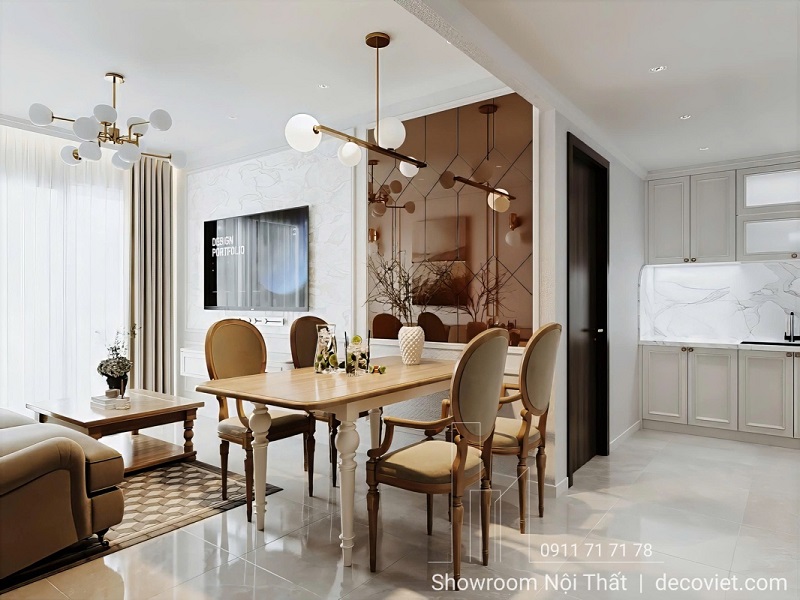 Không gian bếp hiện đại với điểm nhấn bàn ăn gỗ 6 ghế