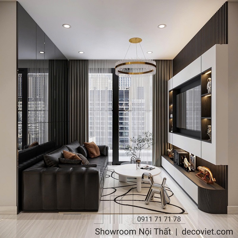 Thiết kế nội thất phòng khách chung cư 2 phòng ngủ đẹp hiện đại