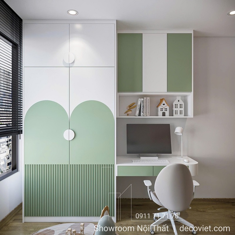 Nội thất phòng trẻ em tone trắng xanh mint pastel dễ thương