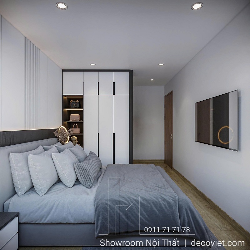 Tủ áo kết hợp bàn trang điểm trong thiết kế phòng ngủ chung cư